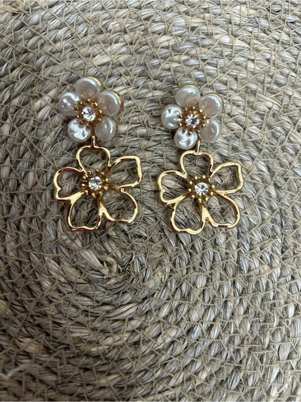 Piper K Gold and Pearl Floral Drop Earrings - Elegant Flower Dangle Earrings